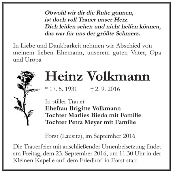Traueranzeige Heinz Volkmann