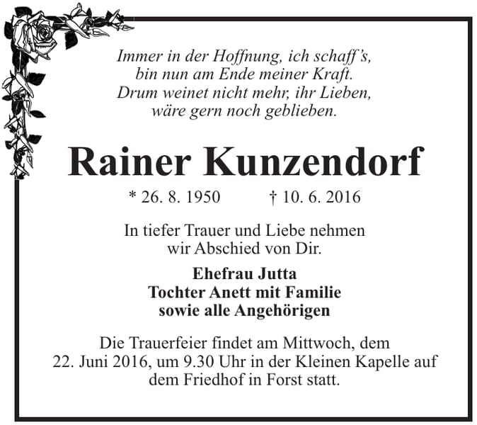 Traueranzeige Rainer Kunzendorf