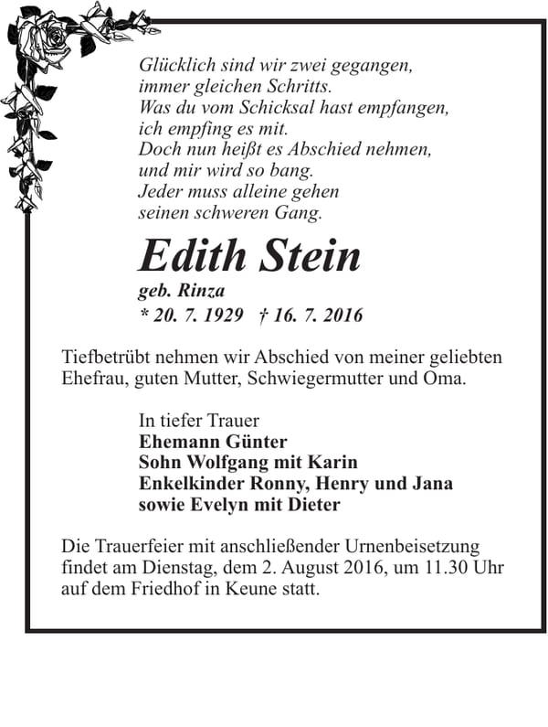 Traueranzeige Edith Stein, geb. Rinza