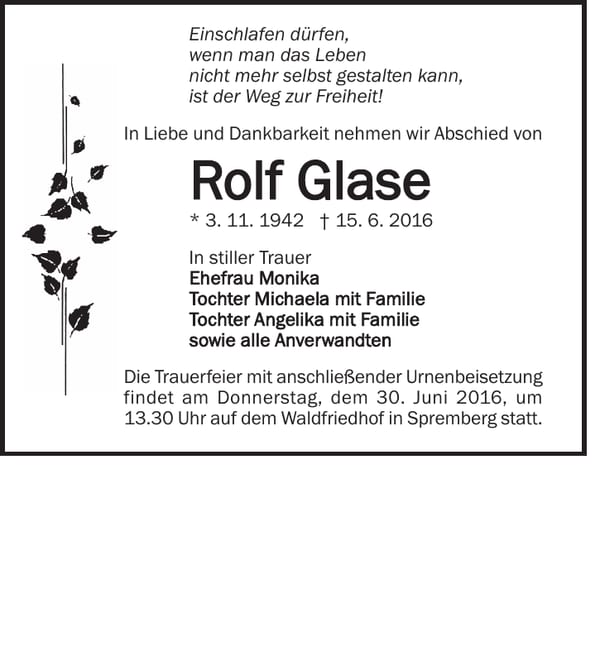 Traueranzeige Rolf Glase