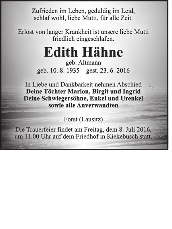 Traueranzeige Edith Hähne, geb. Altmann