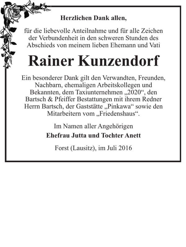 Danksagung Rainer Kunzendorf