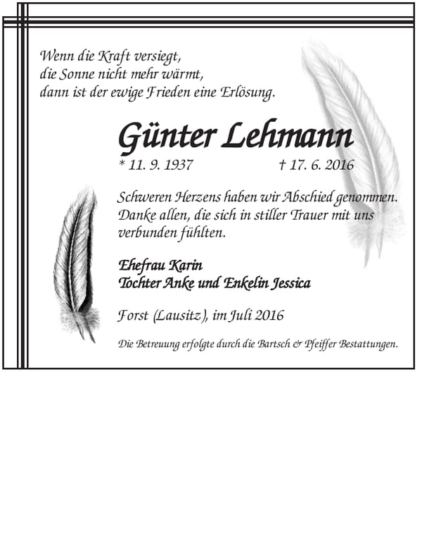 Danksagung Günter Lehmann