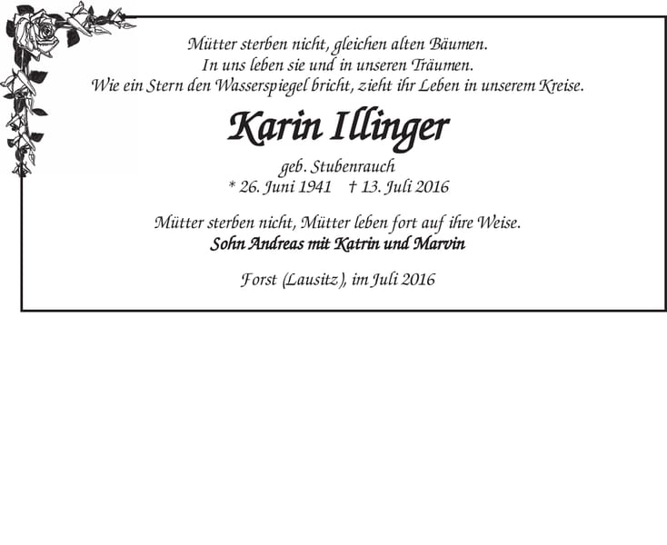 Traueranzeige Karin Illinger, geb. Stubenrauch