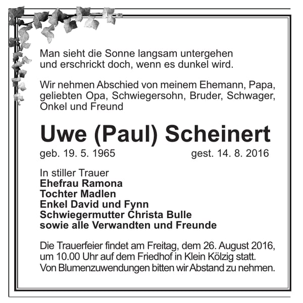 Traueranzeige Uwe (Paul) Scheinert
