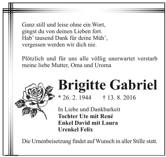 Traueranzeige Brigitte Gabriel