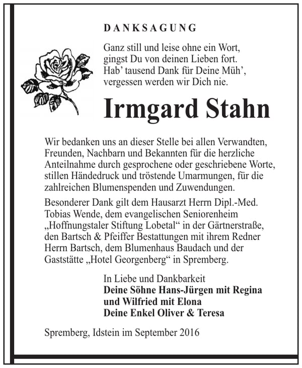 Danksagung Irmgard Stahn