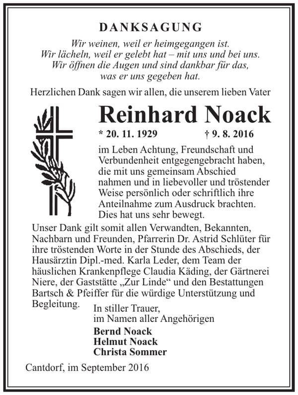 Danksagung Reinhard Noack