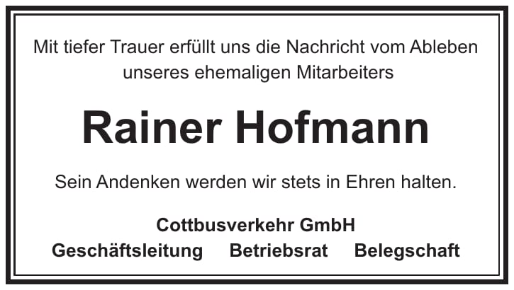 Nachruf Rainer Hofmann