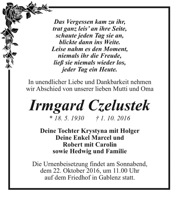 Traueranzeige Irmgard Czelustek