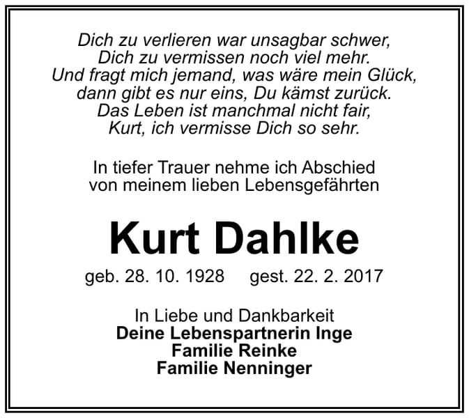 Traueranzeige Kurt Dahlke