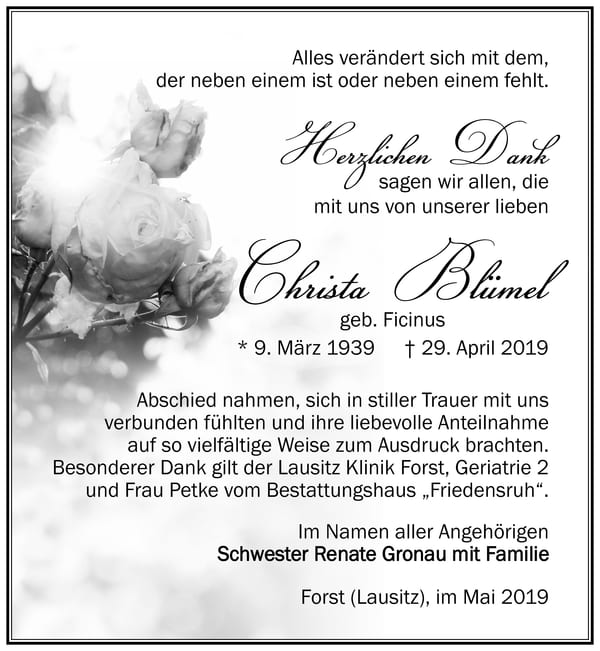Traueranzeige Christa Blümel, geb. Ficinus