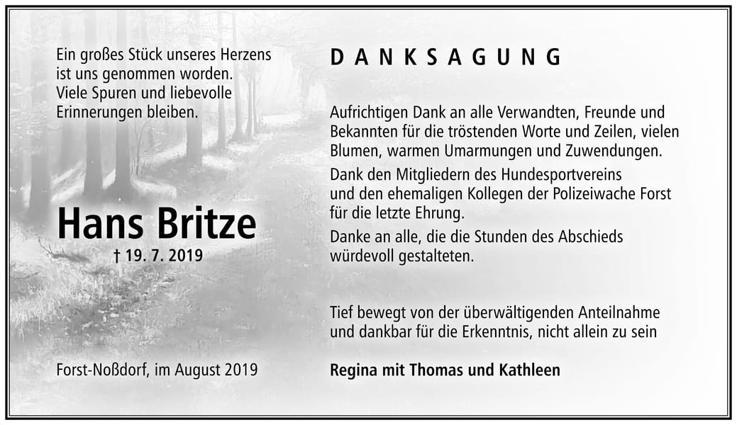 Traueranzeige Hans Britze