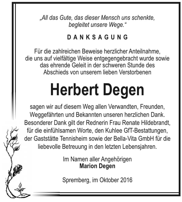 Danksagung Herbert Degen