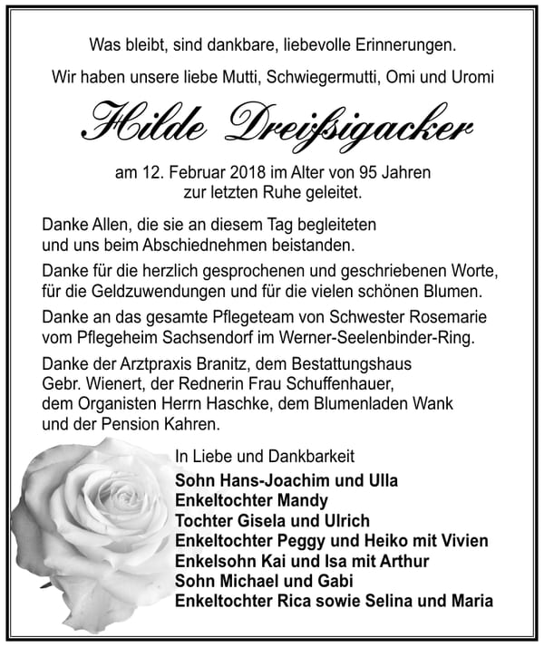 Danksagung Hilde Dreißigacker