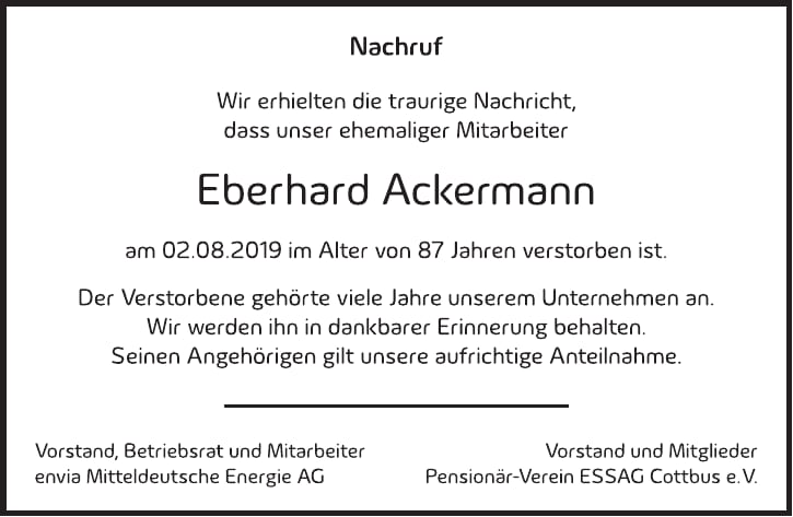 Traueranzeige Eberhard Ackermann