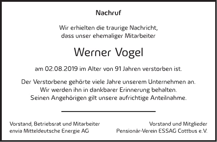 Traueranzeige Werner Vogel