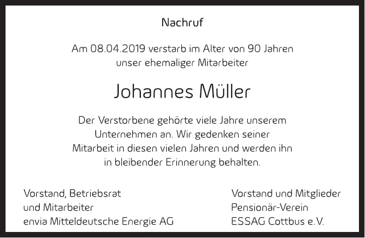 Traueranzeige Johannes Müller