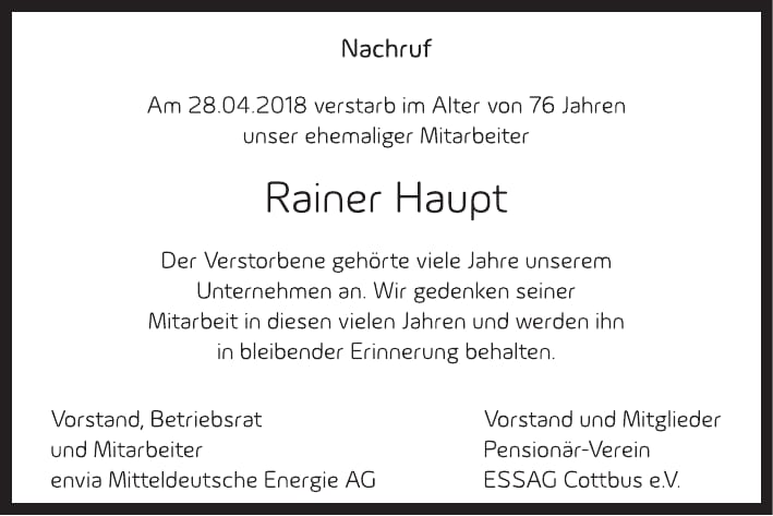 Nachruf Rainer Haupt