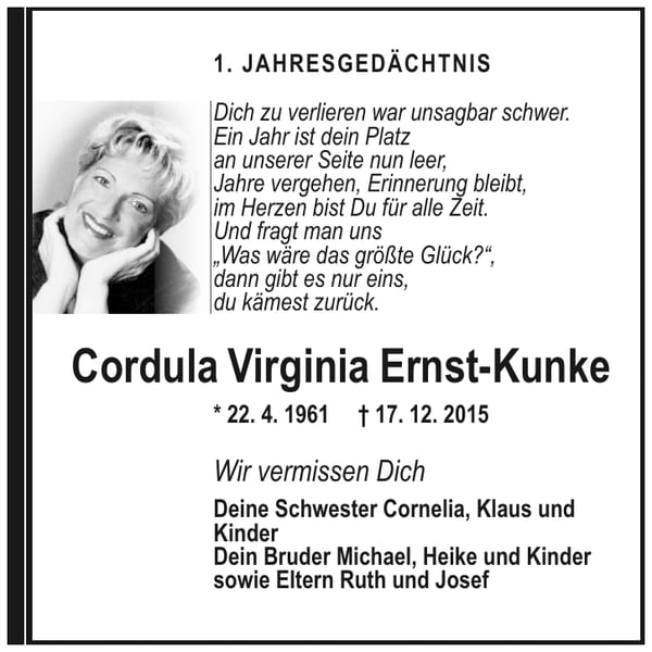 Jahresgedenken Cordula Virginia Ernst-Kunke