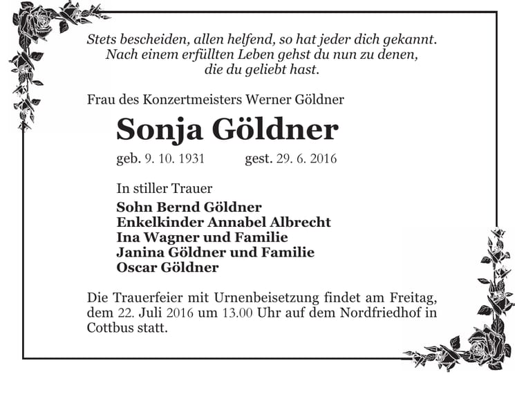 Traueranzeige Sonja Göldner