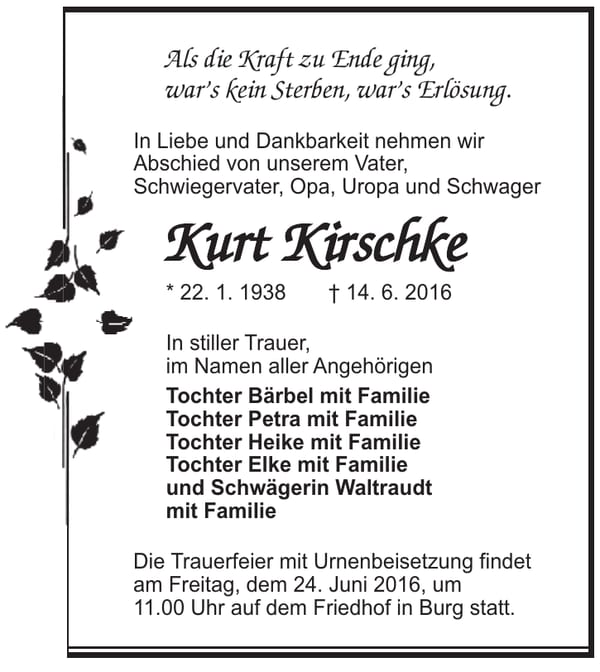 Traueranzeige Kurt Kirschke