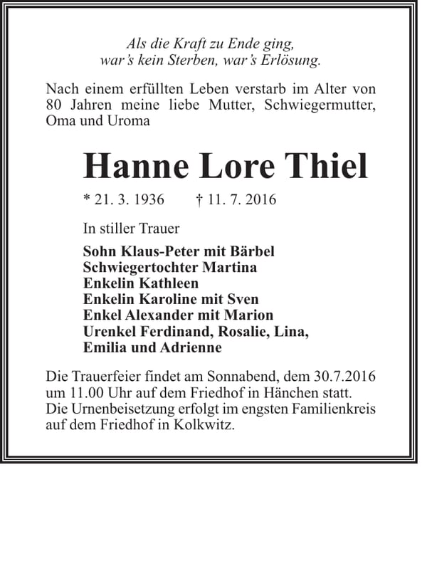 Traueranzeige Hanne Lore Thiel