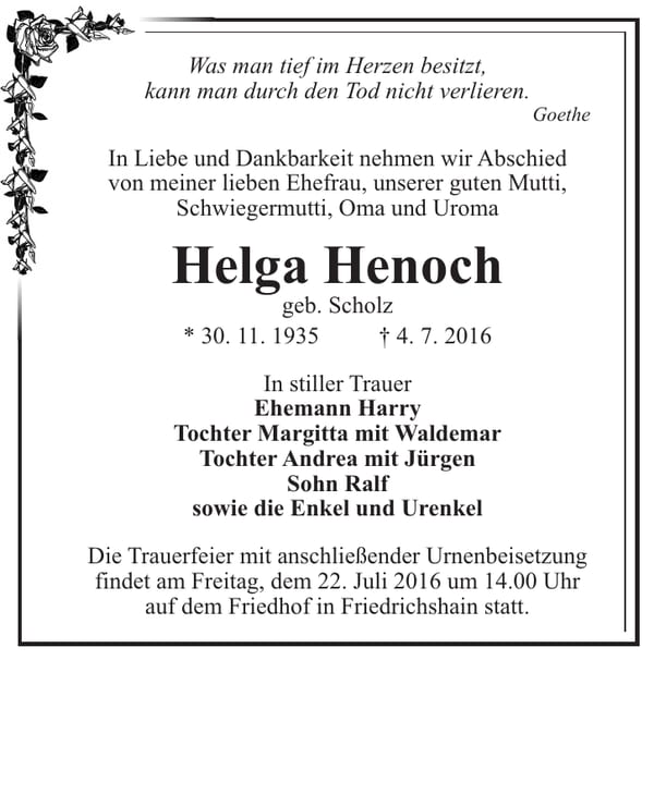 Traueranzeige Helga Henoch, geb. Scholz