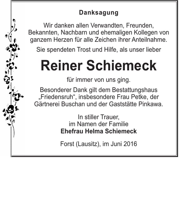 Danksagung Reiner Schiemeck