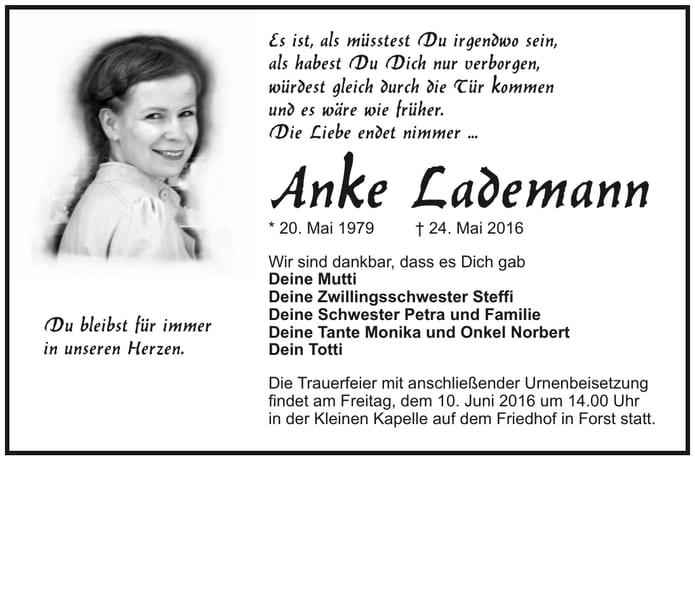 Traueranzeige Anke Lademann
