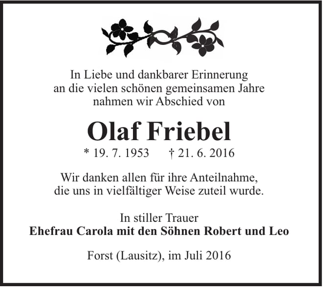 Danksagung Olaf Friebel