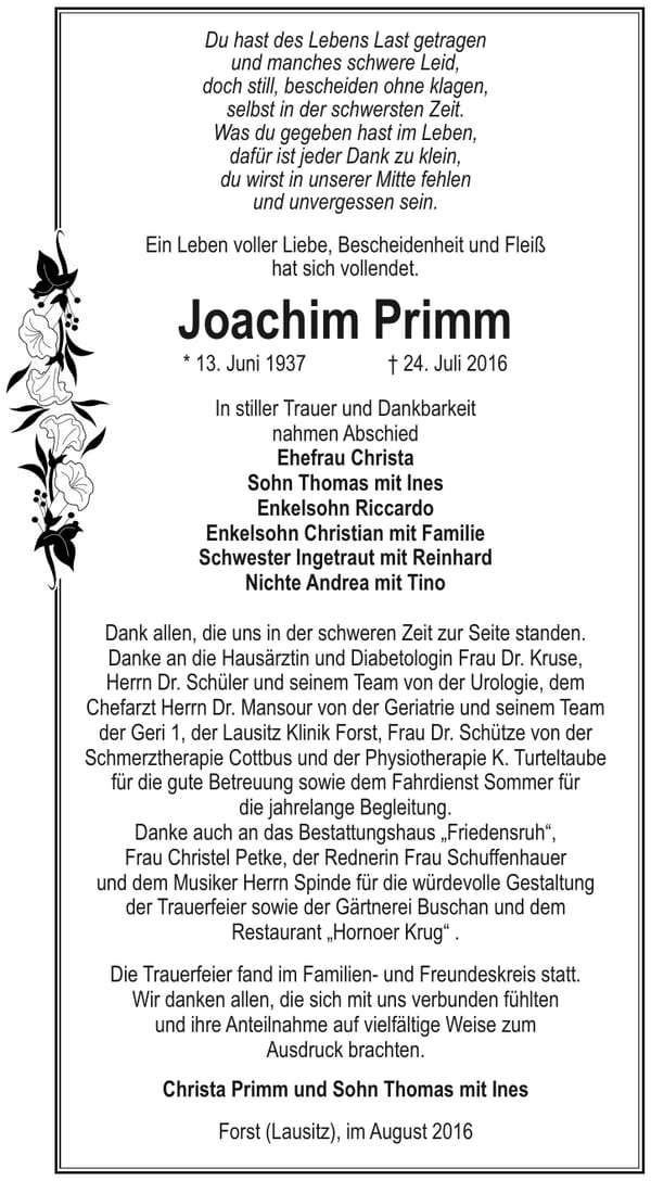 Danksagung Joachim Primm