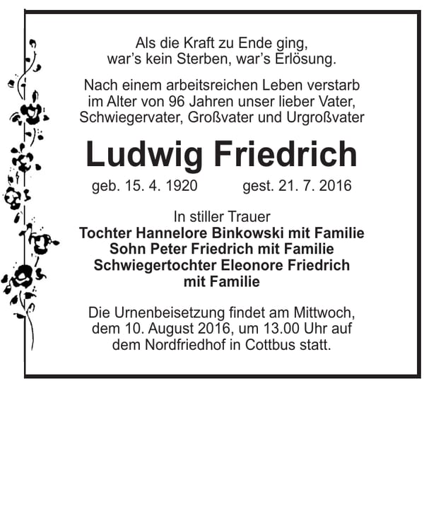 Traueranzeige Ludwig Friedrich
