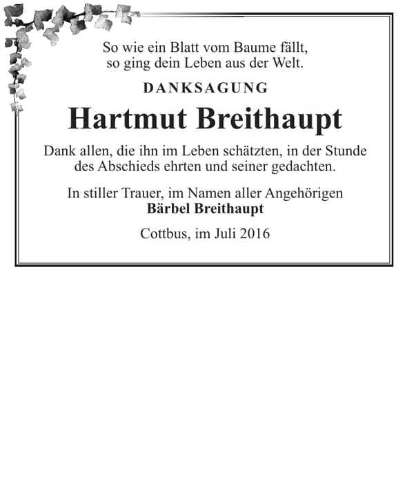 Danksagung Hartmut Breithaupt