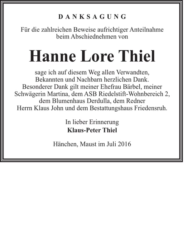Danksagung Hanne Lore Thiel