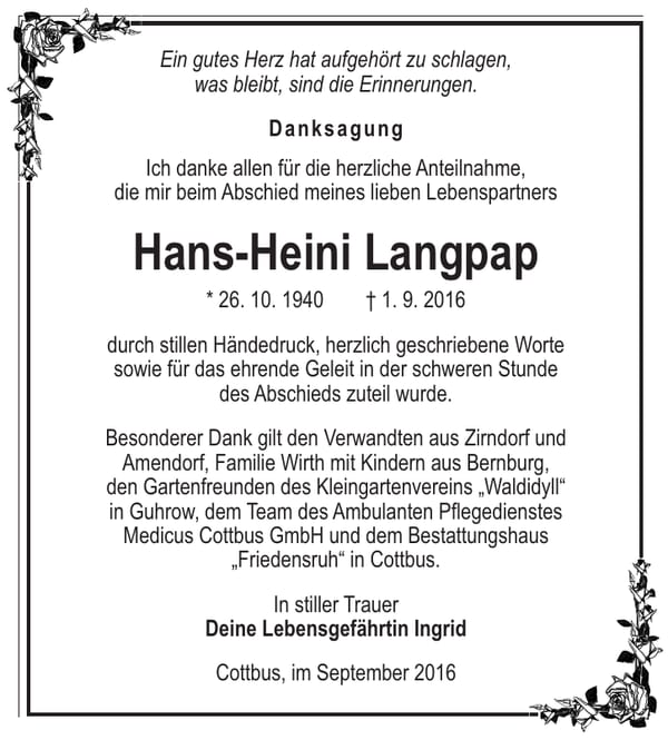 Danksagung Hans-Heini Langpap