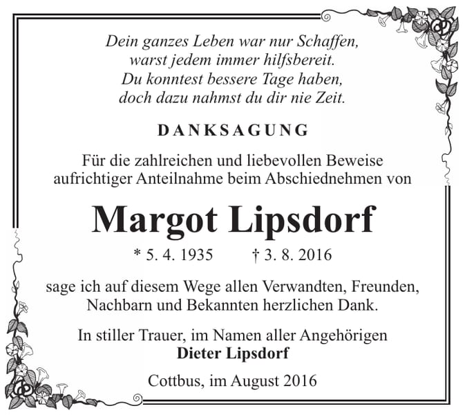 Danksagung Margot Lipsdorf