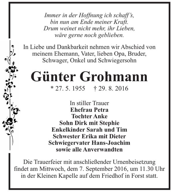 Traueranzeige Günter Grohmann