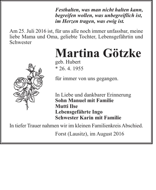 Traueranzeige Martina Götzke, geb. Hubert