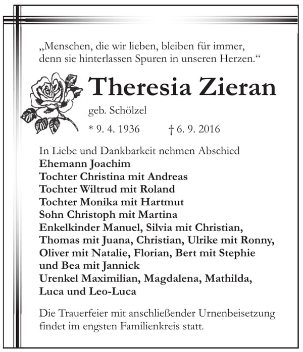 Traueranzeige Theresia Zieran, geb. Schölzel