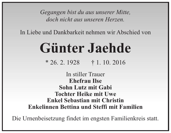 Traueranzeige Günter Jaehde