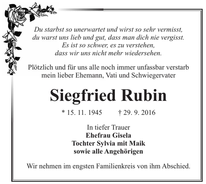 Traueranzeige Siegfried Rubin