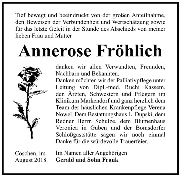 Danksagung Annerose Fröhlich
