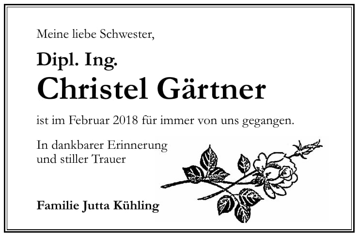 Traueranzeige Christel Gärtner