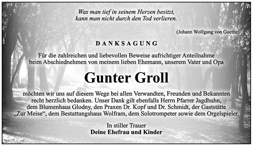 Danksagung Gunter Groll