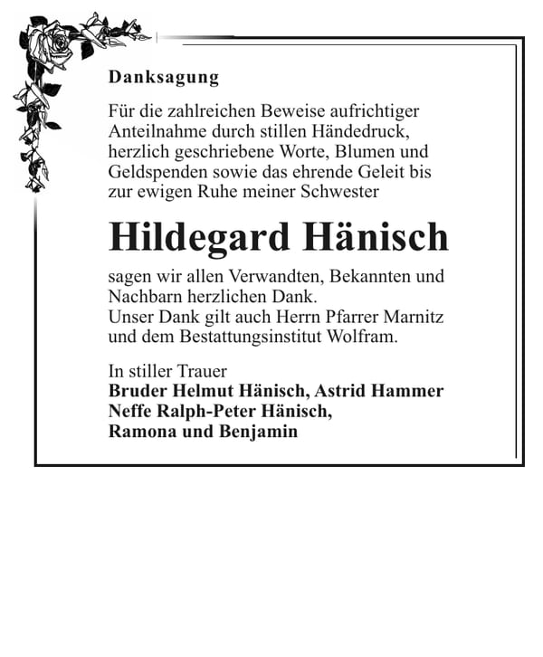 Danksagung Hildegard Hänisch