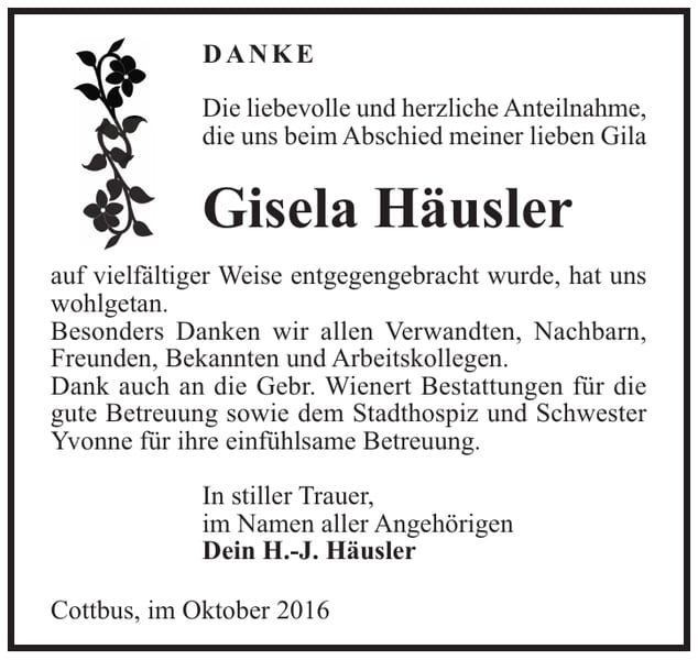 Danksagung Gisela Häusler