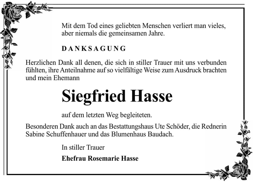 Danksagung Siegfried Hasse