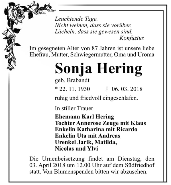 Traueranzeige Sonja Hering, geb. Brabandt