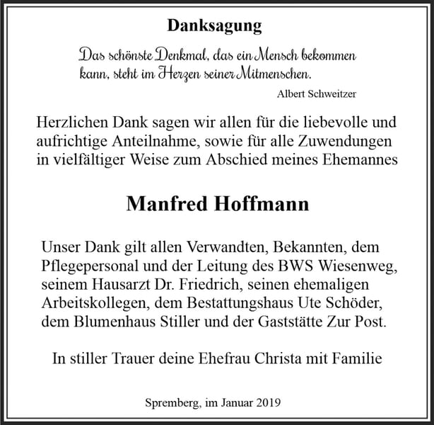 Traueranzeige Manfred Hoffmann